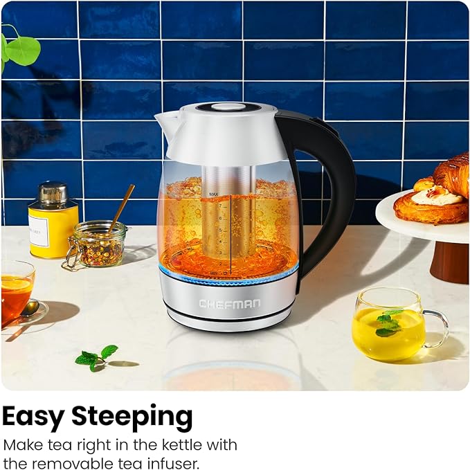 Chefman Easy-Steep 1.8L Electric Kettle with Tea Infuser, Stainless Steel