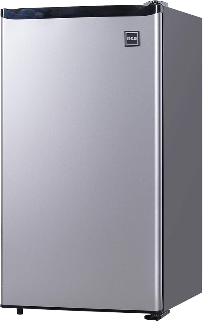 RCA RFR322 Mini Refrigerator, Compact Freezer Compartment, Adjustable Thermostat Control, Reversible Door, Ideal Fridge for Dorm, Office, Apartment, Platinum Stainless, 3.2 Cubic Feet