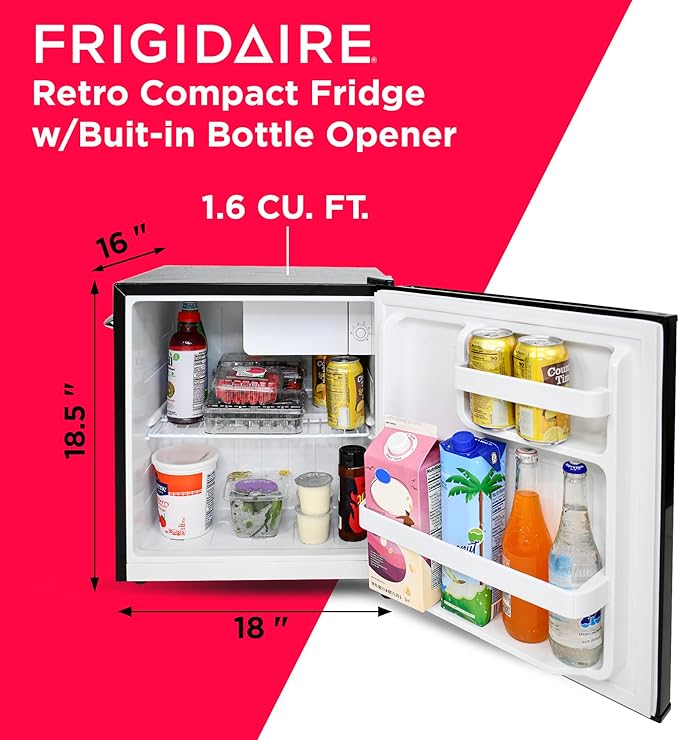 Frigidaire  Retro Mini Refrigerator-Energy Saving-Adjustable Thermostat Control-Side Mounted Bottle Opener-Ideal for Dorm, Office, RV, Garage, Apartment 1.6 Cubic Feet(EFR176)