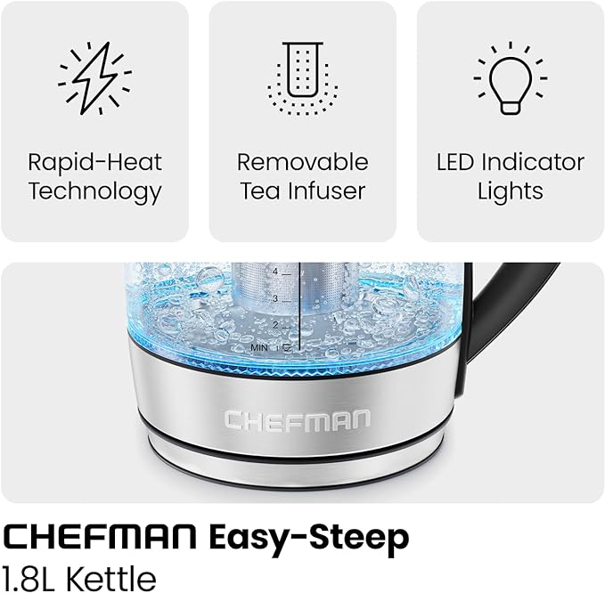 Chefman Easy-Steep 1.8L Electric Kettle with Tea Infuser, Stainless Steel