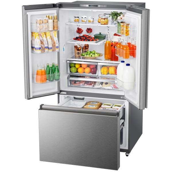 Hisense RF266C3FSE French Door Refrigerator, 36" Width, ENERGY STAR Certified, 26.6 cu. ft. Capacity, Freezer Located Ice Dispenser, Interior Water Dispenser, LED Lighting, Fingerprint Resistant, Stainless Steel colour PureFlat Design