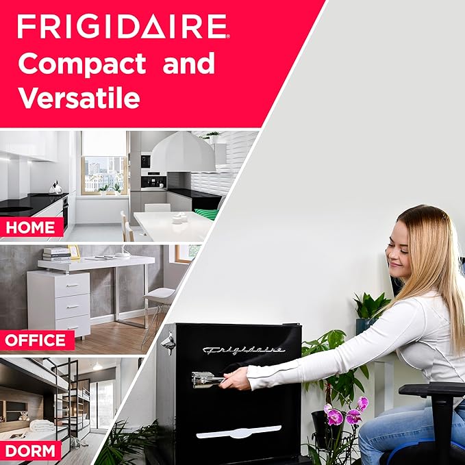 Frigidaire  Retro Mini Refrigerator-Energy Saving-Adjustable Thermostat Control-Side Mounted Bottle Opener-Ideal for Dorm, Office, RV, Garage, Apartment 1.6 Cubic Feet(EFR176)