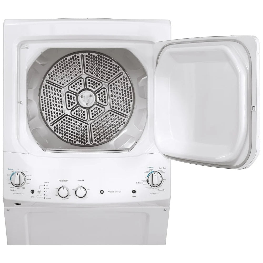 GE 27" Width Washer & Dryer Set, Contains Agitator, White Washer: 9 Wash Cycles, 670 RPM Spin Speed (GUD27ESMM1WW)