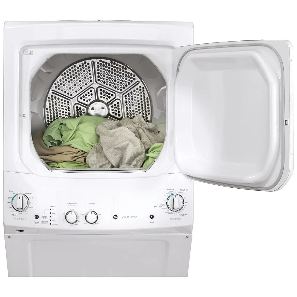 GE 27" Width Washer & Dryer Set, Contains Agitator, White Washer: 9 Wash Cycles, 670 RPM Spin Speed (GUD27ESMM1WW)