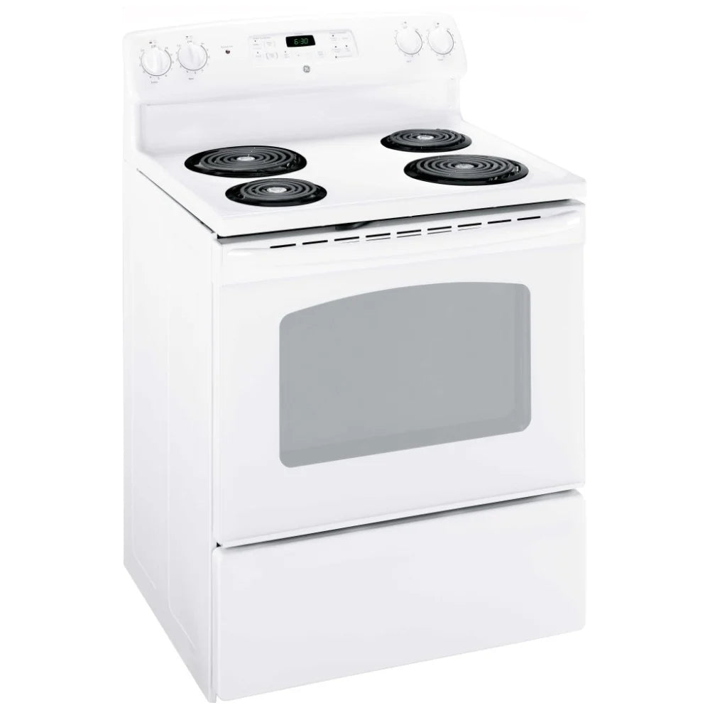 GE JCBS280DMWW Electric Range, 30" Exterior Width, 4 Burners, 5.0 cu. ft. Capacity, Storage Drawer, 1 Ovens, White (JCBS280DMWW)