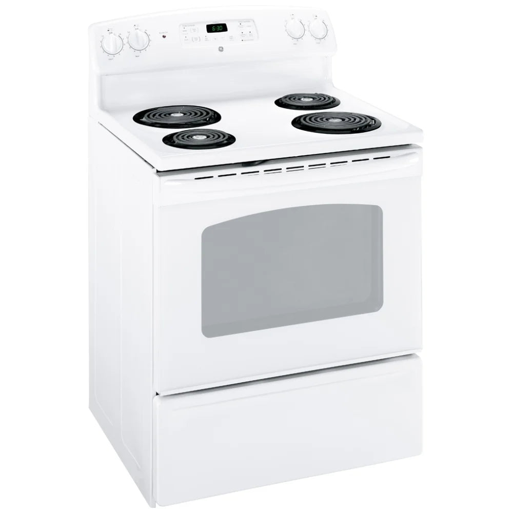 GE JCBS280DMWW Electric Range, 30" Exterior Width, 4 Burners, 5.0 cu. ft. Capacity, Storage Drawer, 1 Ovens, White (JCBS280DMWW)