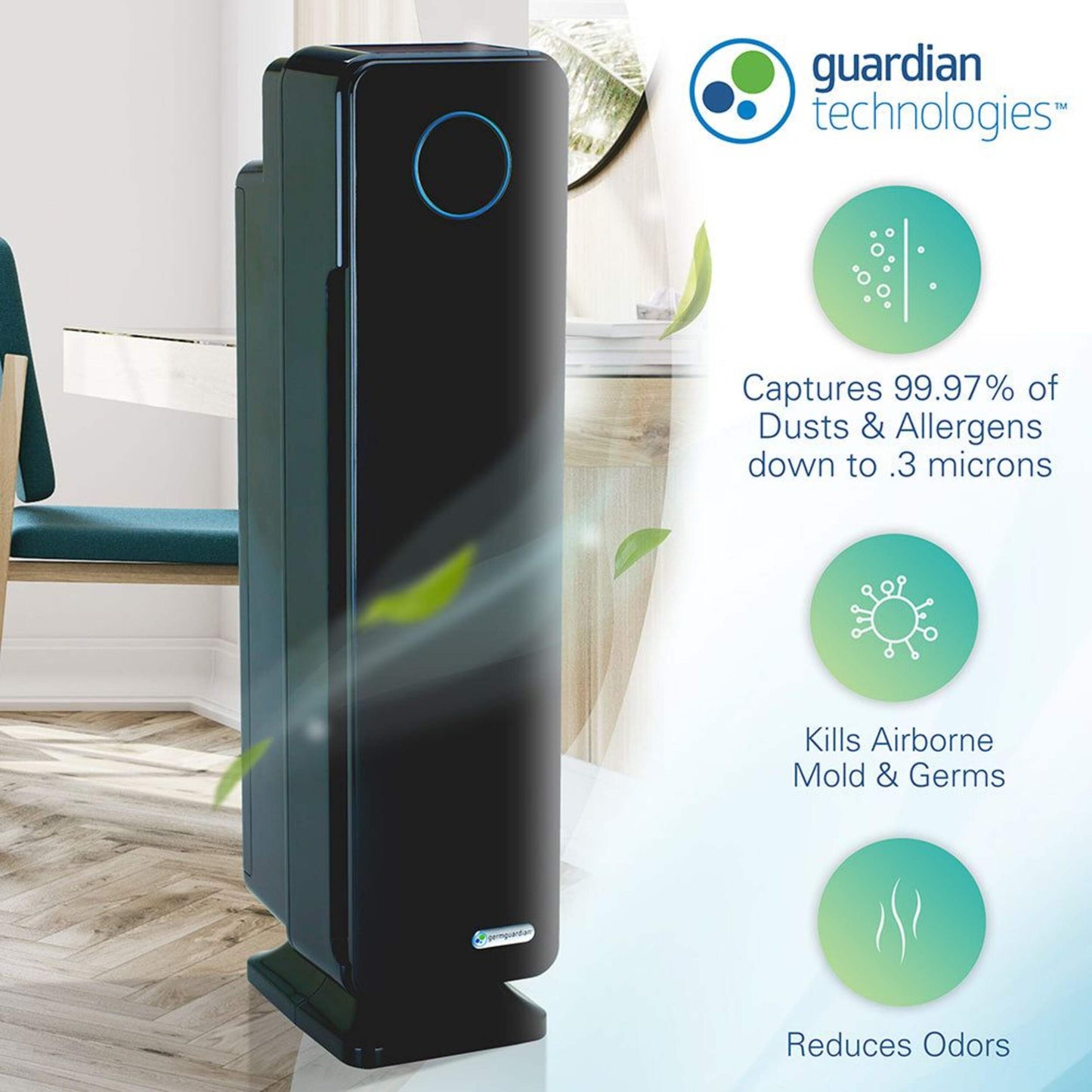 GermGuardian AC5350B Elite 4-in-1 HEPA Filter & UVC Tower Air Purifier, Removes Allergens & Odors, Black, Small-Medium Room